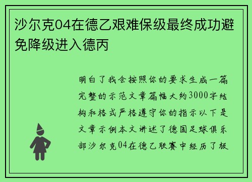 沙尔克04在德乙艰难保级最终成功避免降级进入德丙